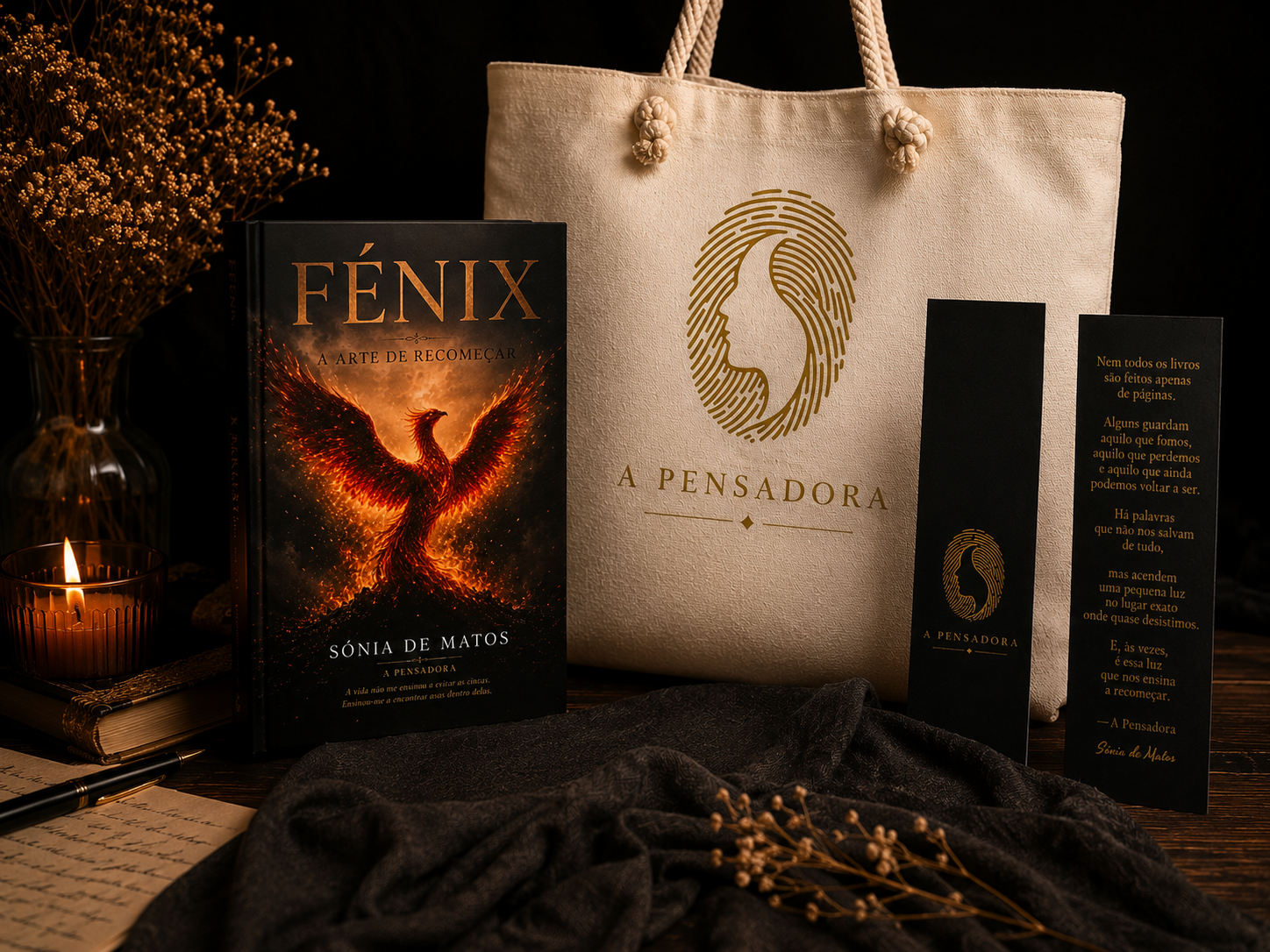 Kit Premium FÉNIX — Livro Assinado + Bolsa + Marcapáginas